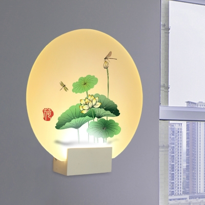 Green Lotus Leaf Mural Light Asia Acrylic LED Wall Lighting Fixture with White Disc Shade