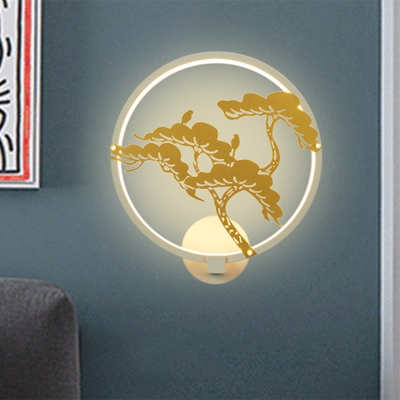 Metal Halo Ring Wall Mounted Light Chinese LED Gold-Tree Mural Lamp in White/Black for Dining Room