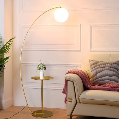 Minimalist Arched Metal Floor Lamp 1 Bulb Standing Light in Gold with Tray and Sphere Cream Glass Shade