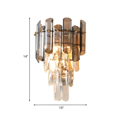 Modernism Tiered Wall Lamp Sconce Clear and Smoke Gray Crystal Bar 1-Head Bedside Wall Lighting
