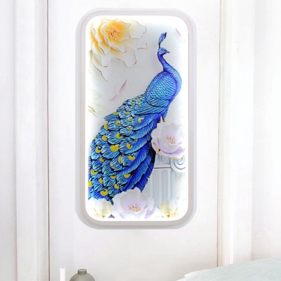 Rectangle Acrylic Wall Light Sconce Asian LED White Wall Mural Lamp with Peacock and Flower Pattern