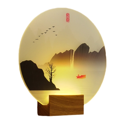 Riverside Mountain Bedside Mural Light Acrylic Asian Style LED Wall Sconce in Brown