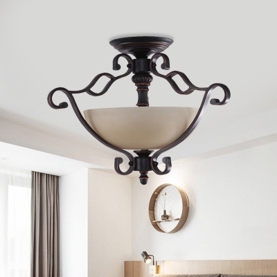 Scroll Arm Metal Semi Flushmount Countryside 3-Head Bedroom Ceiling Flush with Bowl Tan Glass Shade in Red Brown
