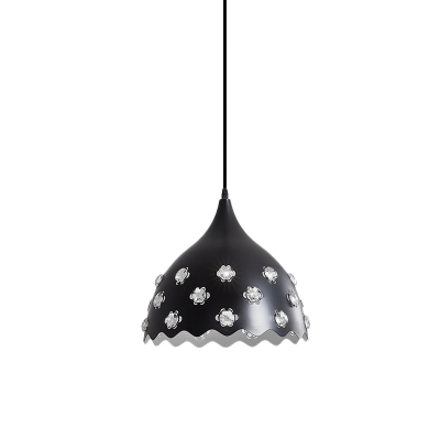 Single Bulb Pendant Light Fixture Simple Crystal Embellished Scalloped/Onion Iron Hanging Lamp in Black
