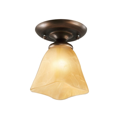 Tan Cracked Glass Bronze Flushmount Floral 1 Bulb Vintage Flush Ceiling Light Fixture