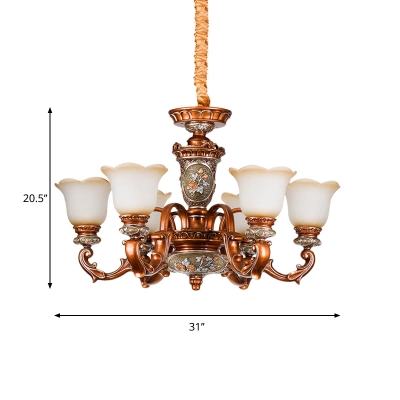 Tan Glass Brown Finish Hanging Light Kit Flower Shade 6/8 Bulbs Antiqued Up Chandelier Lamp