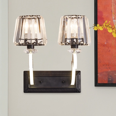 Tapered Bedside Wall Lighting Ideas Contemporary Crystal Prism 1/2-Bulb Black Sconce with Glowing Curved Arm