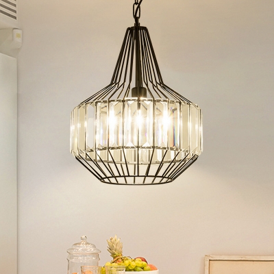 Teardrop/Pear Cage Dining Table Pendant Countryside Crystal 1 Bulb Black Hanging Ceiling Light