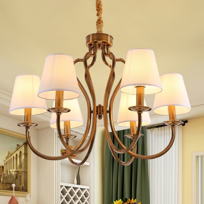 Traditional Barrel Shade Pendant Chandelier 6/8 Heads Fabric Hanging Lamp with Curved Arm in Brass