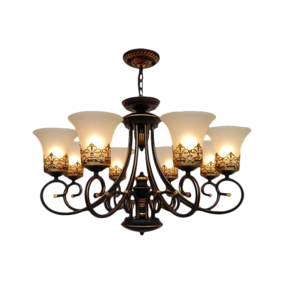 Traditional Scroll Arm Ceiling Chandelier 6/8 Bulbs Metallic Pendulum Light with Bell Frosted Opal Glass Shade in Black-Gold