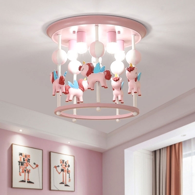 Unicorn Flush Light Fixture with Carrousel Design Cartoon Resin 6 Bulbs Blue/Pink Flush Mount