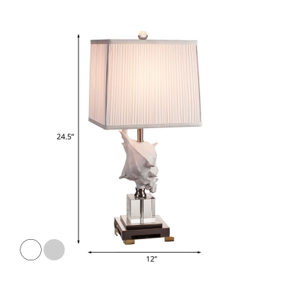 Vintage Conch Shaped Night Table Lamp Single Bulb Resin Desk Lamp with Rectangle Fabric Shade in White/Silver