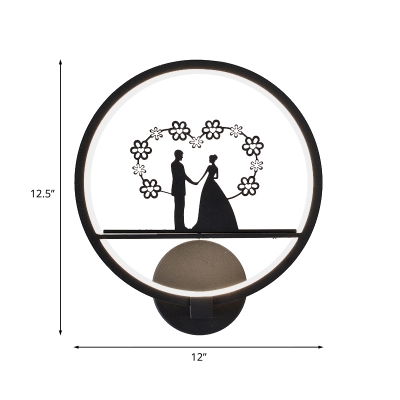 Wedding Couple Silhouette LED Mural Lamp Modern Iron Black Circle Wall Mounted Light for Bedside