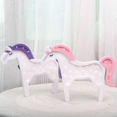 Wood Horse Table Night Light Cartoon Battery LED Wall Mounted Lighting in Purple/Pink