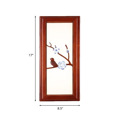 Wood Square/Rectangle Flush Wall Sconce Japanese Style Brown LED Mural Lamp with Decorative Ceramic Plum