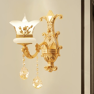 1/2-Bulb Wall Sconce Lighting Traditional Bedside Wall Lamp with Flared Opal Frosted Glass Shade, Gold