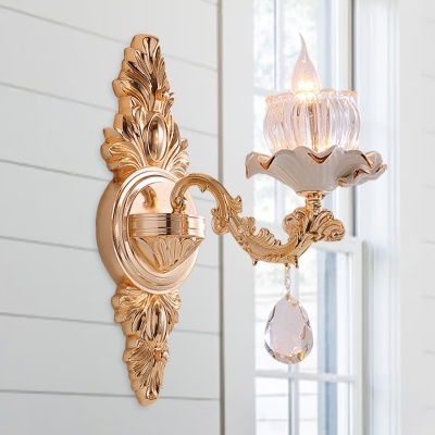 1/2-Head Wall Lighting Idea Mid Century Lotus Shade Clear Ribbed Glass Wall Mount Lamp in Gold