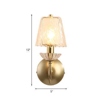 1 Bulb Clear Ruffle Glass Wall Mount Lamp Minimalist Gold Finish Barrel Indoor Wall Light Fixture
