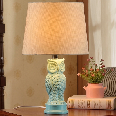 1 Bulb Night Table Light with Barrel Shade Fabric Warehouse Bedside Owl Desk Lamp in Blue
