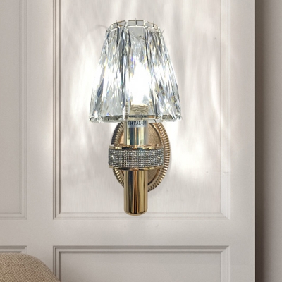 1 Head Clear Crystal Block Wall Lamp Postmodern Gold Conical Bedside Wall Mounted Light