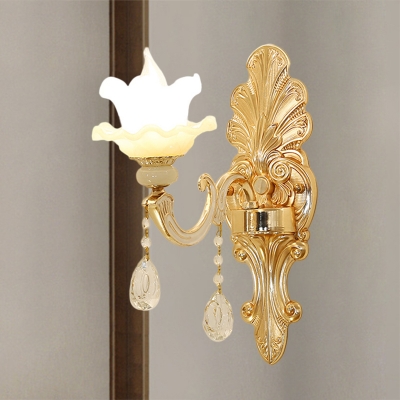 1-Light Double Layer Ruffle Sconce Traditional Gold Milk Frosted Glass Wall Lighting with Carved Backplate