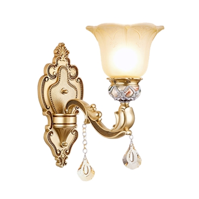 1 Light Flower Up Wall Light Fixture Traditional Gold Finish Frosted Glass Wall Mount Lamp