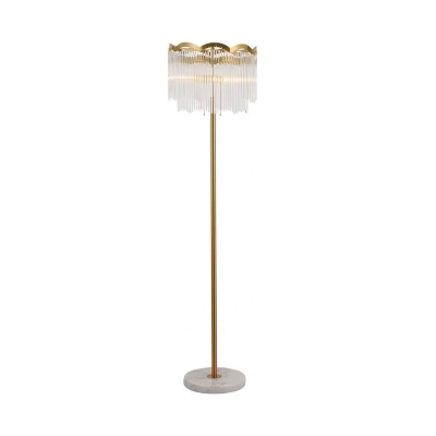 2-Layer Drum Crystal Rod Floor Light Mid-Century 1-Light Gold Standing Floor Lamp for Living Room