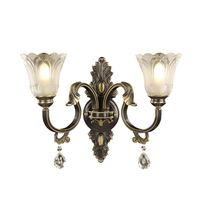 2-Light Wall Mount Fixture Vintage Living Room Sconce Lamp with Floral Carved Glass Shade, Black and Gold