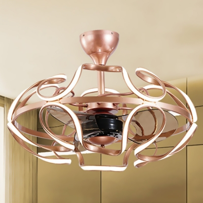 3-Blade Bedroom LED Fan Light Fixture Postmodern Copper Semi Flush Ceiling Light with Swirling Acrylic Cage, 26