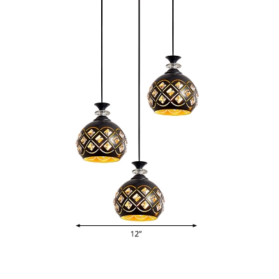 3 Bulbs Multiple Hanging Light Modern Hollowed Out Ball/Ellipse Iron Pendant Lighting in Black with Inserted Crystal