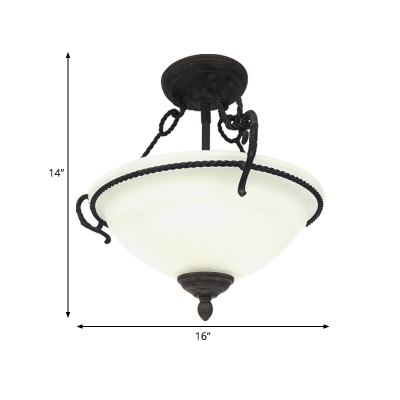 3 Lights Semi Flush Lighting with Dome Shade Opal White Glass Country Bedroom Flush Mounted Lamp in Black