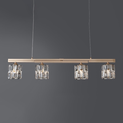 4 Lights Dining Room Island Lighting Minimalist Gold Pendant Lamp with Cylinder Clear/Smoke Gray Crystal Shade