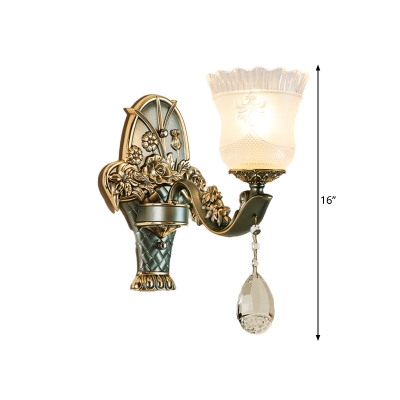 Antique Bell Wall Lamp Kit Single-Bulb Frosted White Glass Wall Sconce Lighting in Green