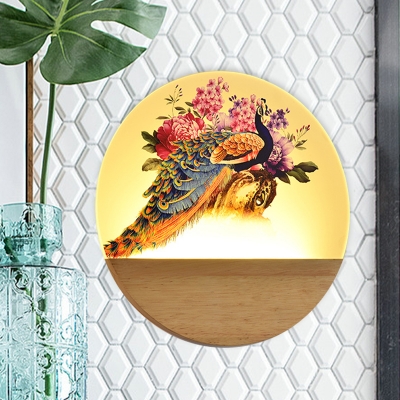 Asia LED Flush Mount Wall Sconce Wood Peacock/Peacock and Peony Mural Light Fixture with Acrylic Shade