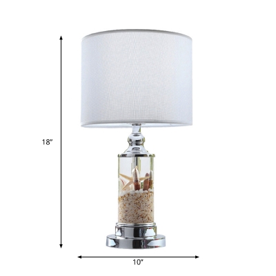Barrel Shade Bedroom Table Lamp Rural Fabric Single White Night Stand Light with Decorative Sand and Starfish