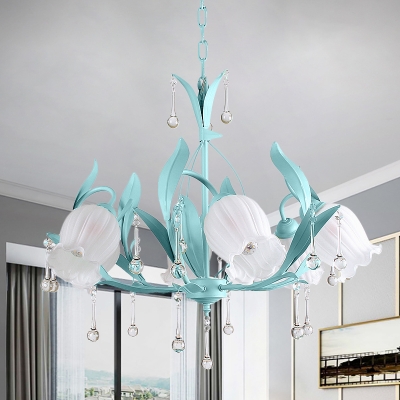 Bell Flower Milk Glass Chandelier Rural 6-Head Living Room Pendant Lamp in Pink/Blue/Green with Crystal Drip