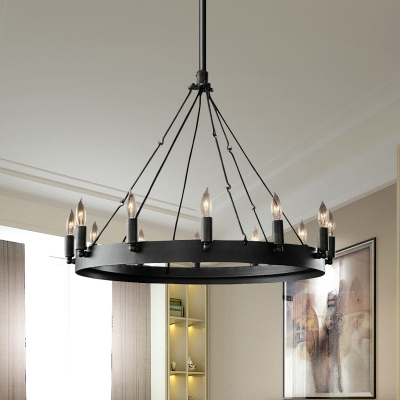 Black Finish 12-Bulb Hanging Pendant Country Style Metal Candelabra Chandelier Lighting with Ring Design