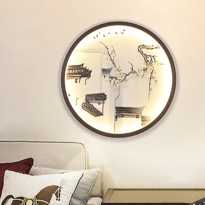 Black House Drawing Mural Light Fixture Chinese Aluminum LED Circle Wall Mounted Lighting