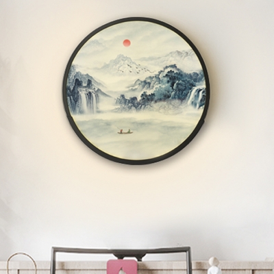 Black Mountain Pattern Mural Lamp Chinoiserie LED Acrylic Round Wall Mount Light for Tea Room