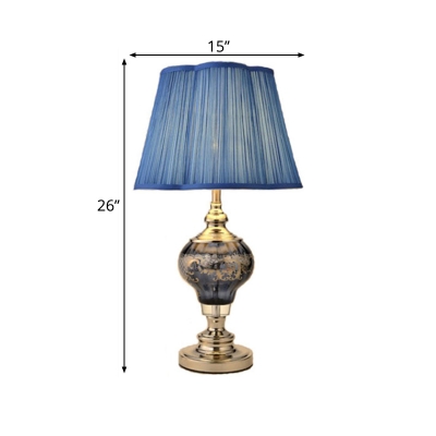 Blue 1 Bulb Nightstand Light Traditional Pleated Fabric Scalloped Shade Table Lamp