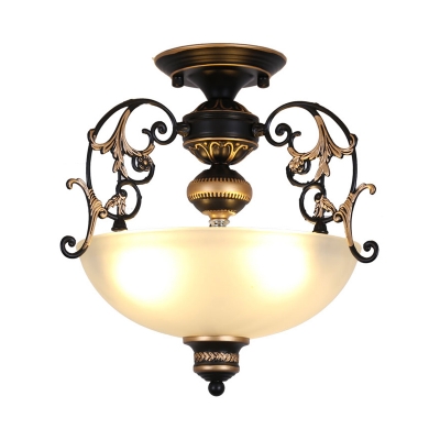 Bowl White Glass Semi Flush Lamp Fixture Traditional 3 Heads Corridor Ceiling Mounted Light in Black
