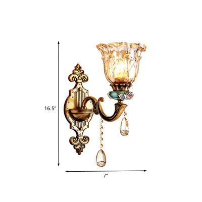Bronze 1-Head Wall Mounted Light Traditional Umber Crystal Floral Wall Lamp for Bedside