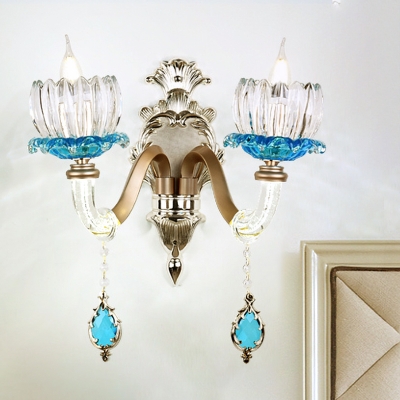 Chrome Floral Shade Wall Lamp Fixture Traditional 1/2-Head Blue Crystal Wall Lighting Idea for Bedroom