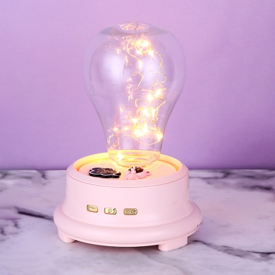 Clear Glass Bulb Shaped Table Light Macaron Blue/Pink/White LED Nightstand Lamp with USB Cable