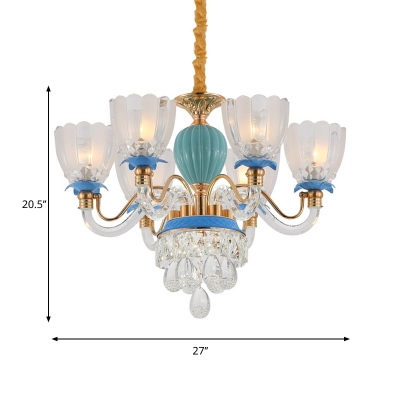 Clear Glass Scalloped Hanging Lamp Traditional 6 Bulbs Restaurant Chandelier in Blue with Crystal Drops