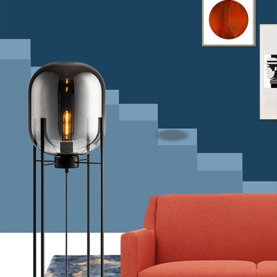 Contemporary LED Floor Light with Smoke Gray/Cognac Glass Shade Black Finish Oval Standing Floor Lamp