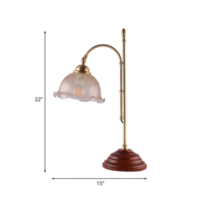 Crackle Glass Gold Night Light Ruffle-Edge Dome Shaped 1-Light Rural Table Lamp with Adjustable Arched Arm
