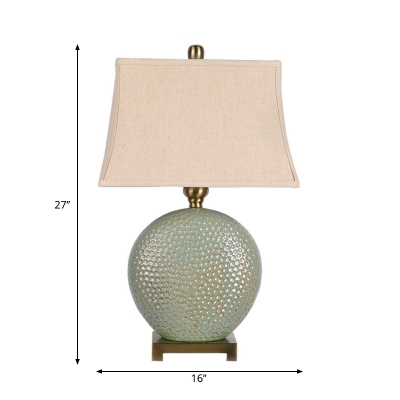 Fabric Pagoda Shade Nightstand Lamp Vintage 1-Light Bedside Table Light with Spherical Ceramic Base in Green