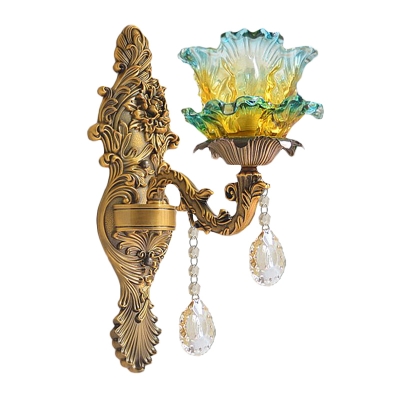 Floral Ruffle Glass Wall Lighting Idea Mid-Century 1 Bulb Corner Wall Mounted Lamp in Brass