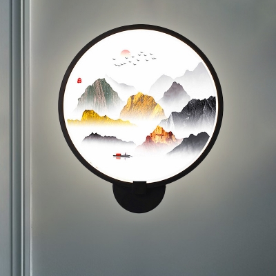 Flower and Birds/Mountain Pattern Mural Lamp Chinese Metal LED Black Round Sconce Lighting for Living Room